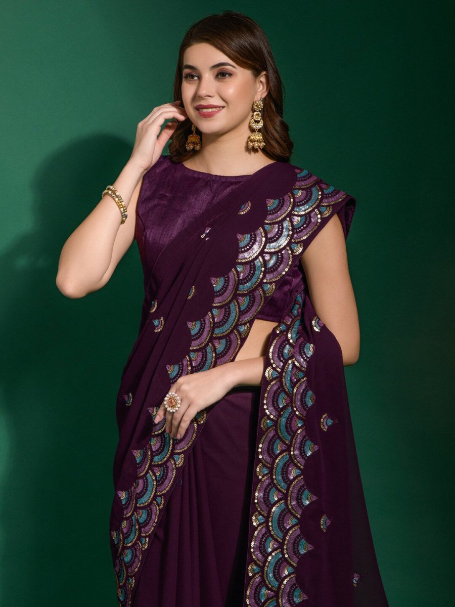 Anouk Purple & Blue Embellished Sequinned Saree - Distacart