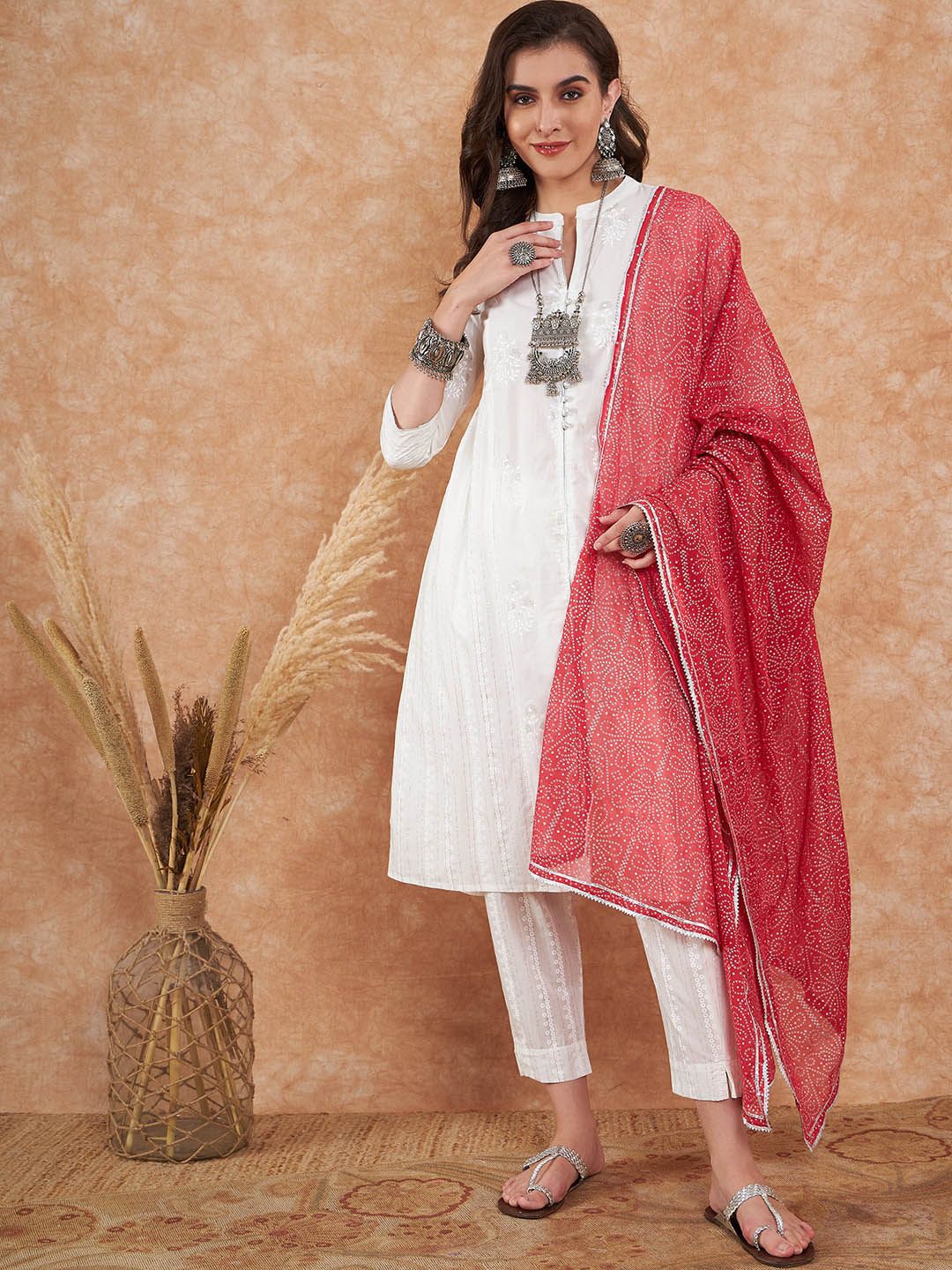 Sangria Floral Printed Pure Cotton A-Line Kurta With Trouser & Dupatta - Distacart