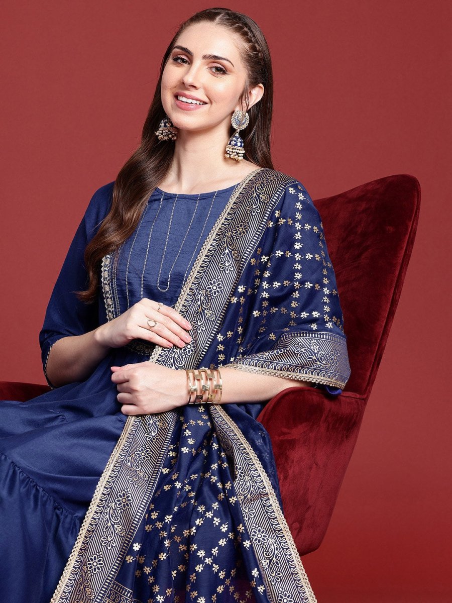 Anouk Floral Yoke Design Tiered Gotta Patti A-Line Kurta With Trousers & With Dupatta - Distacart