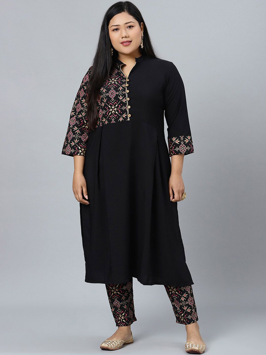 Sztori Plus Size Black Floral Printed Mandarin Collar Straight Kurta with Trousers - Distacart