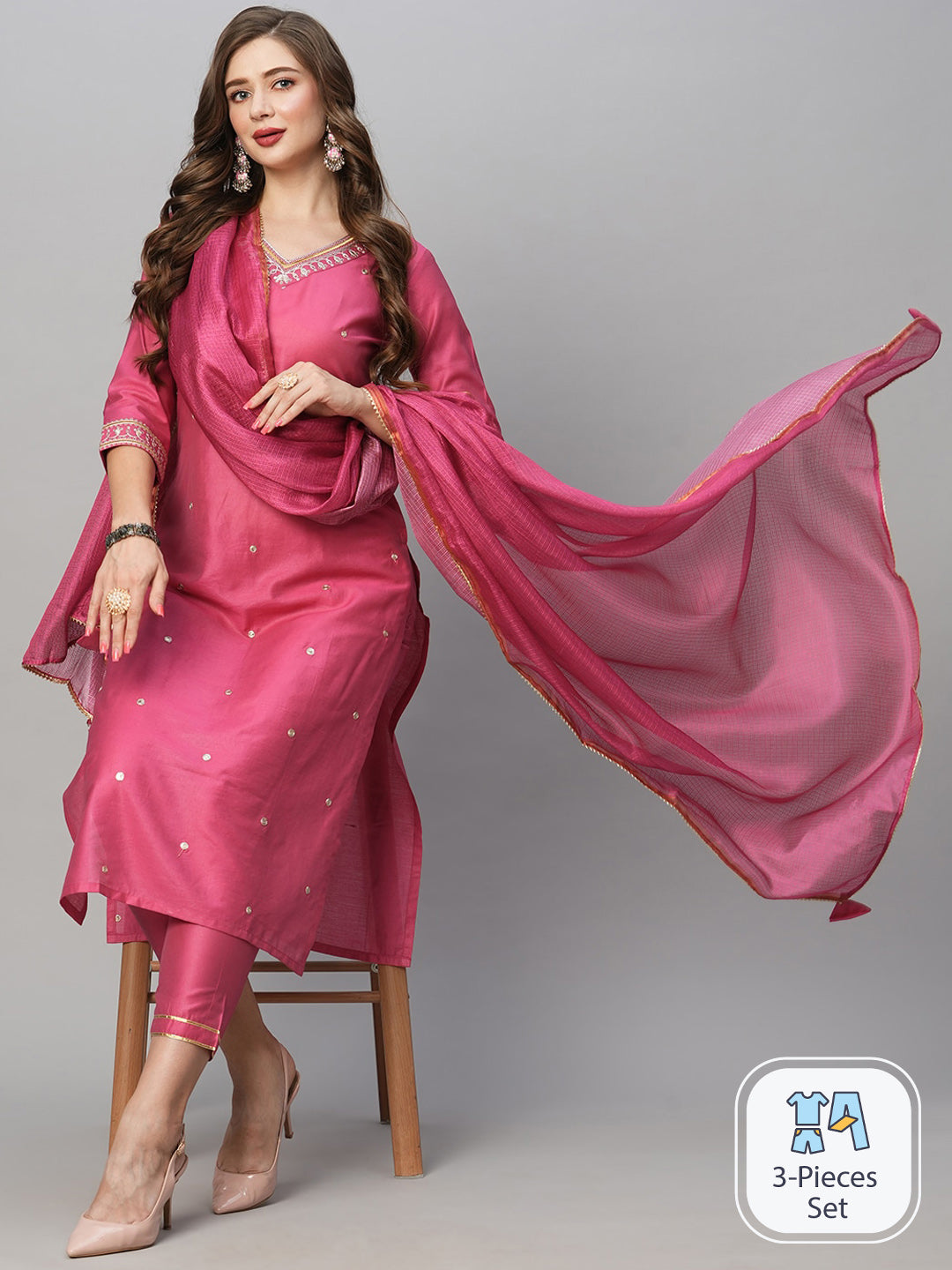 Kalini Ethnic Motifs Embroidered Sequinned Kurta With Trousers & Dupatta - Distacart