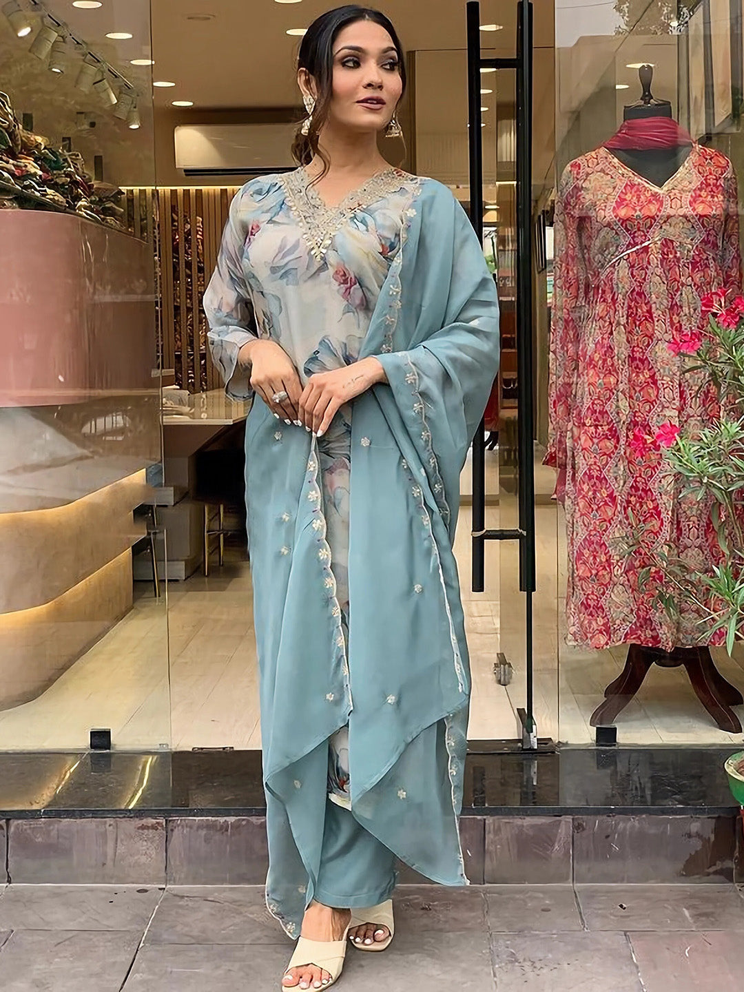 Kalini Floral Printed Sequinned Detailed Organza Straight Kurta & Trouser With Dupatta - Distacart