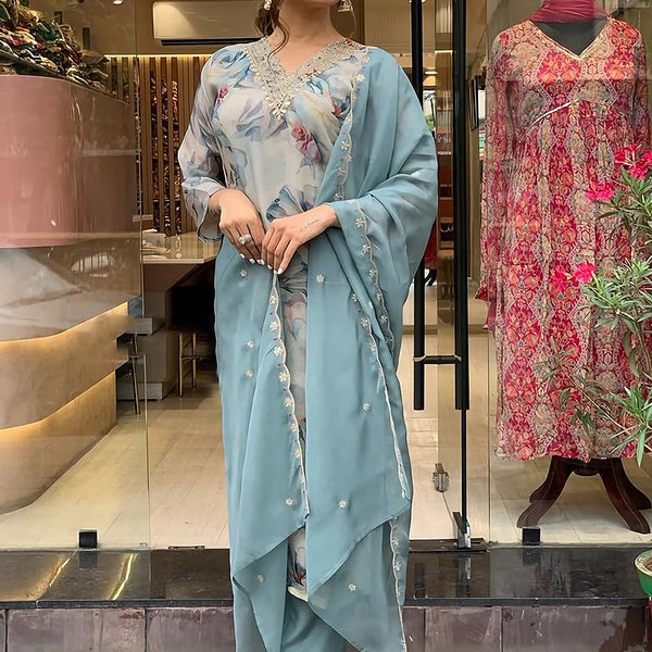 Kalini Floral Printed Sequinned Detailed Organza Straight Kurta & Trouser With Dupatta - Distacart