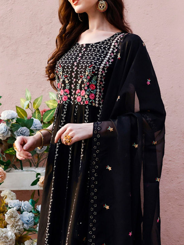 Kalini Floral Embroidered A-Line Thread Work Kurta with Trousers & Dupatta - Distacart