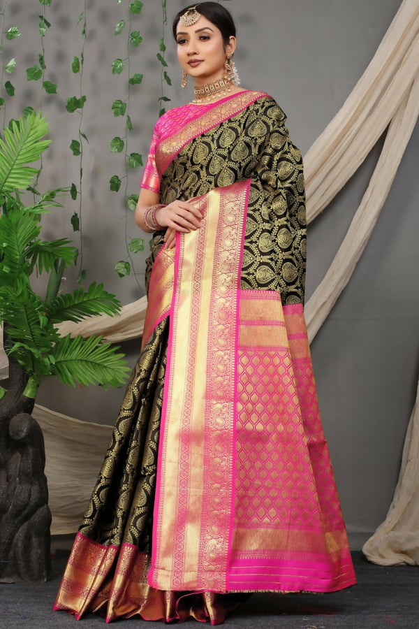 Jyoti Fashion Women's Black Kanjivaram Silk Zari Woven Saree with Blouse - Distacart