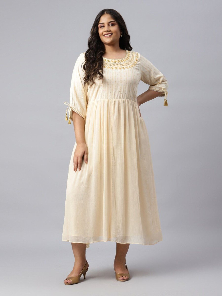 AURELIA Women Off White Ethnic Motifs Embroidered Midi Fit & Flare Dress - Distacart