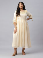 Thumbnail for AURELIA Women Off White Ethnic Motifs Embroidered Midi Fit & Flare Dress - Distacart