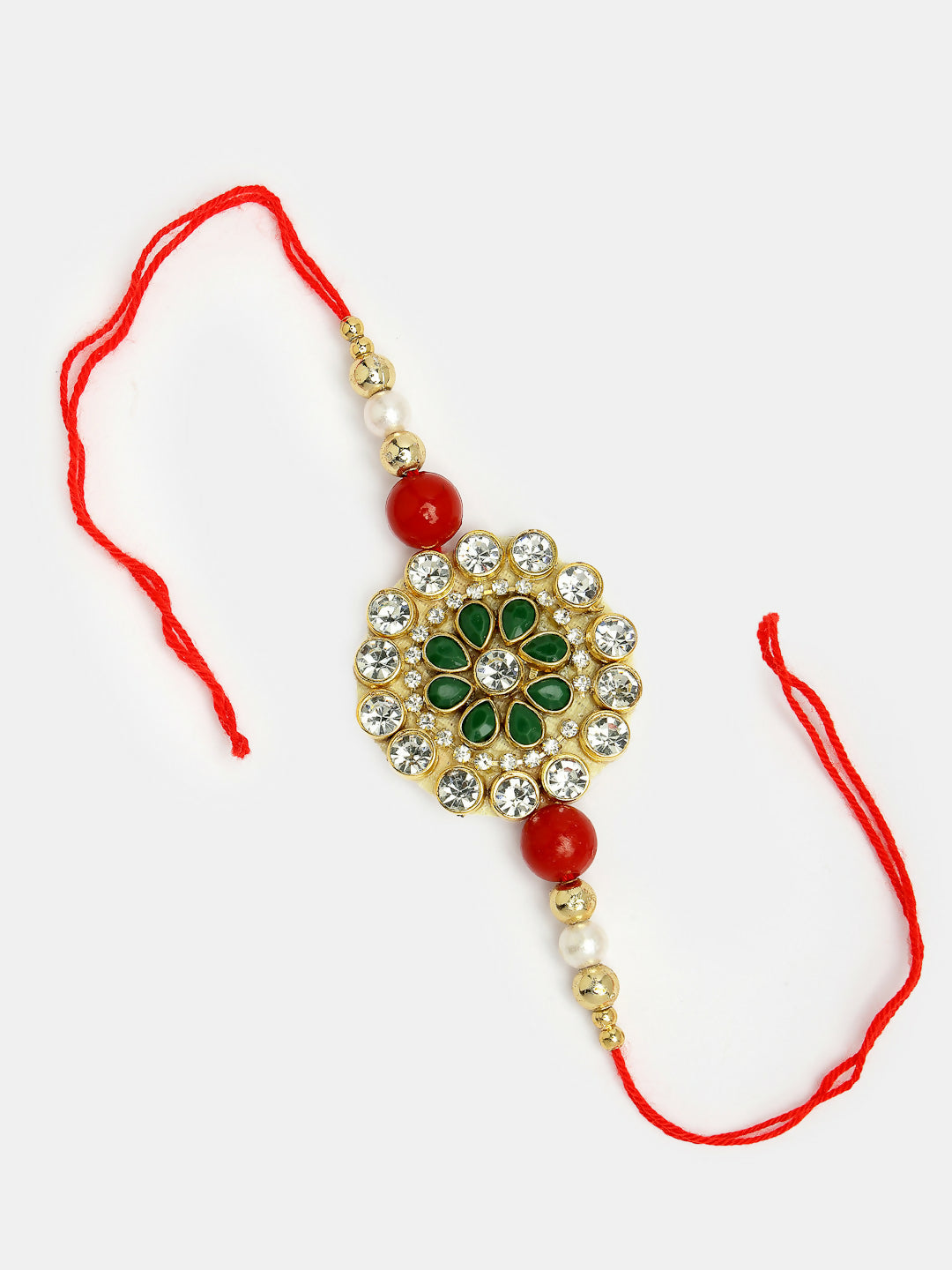 NVR Women & Men Set of 2 Red & Gold Toned Stone-Studded & Beaded Bhaiya Bhabhi Rakhi With Roli Chawal - Distacart