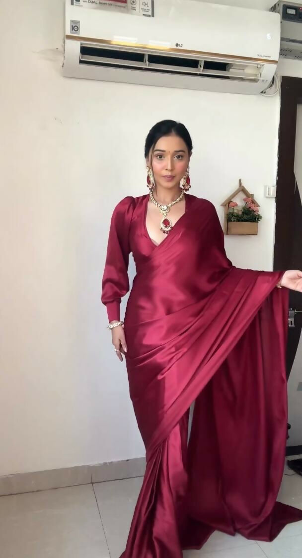 Malishka Satin Silk Solid Ready To Wear Saree With Blouse Piece - Pink - Distacart