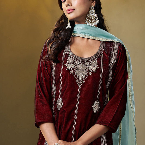 Sangria Embroidered Kurta & Trouser With Dupatta - Distacart