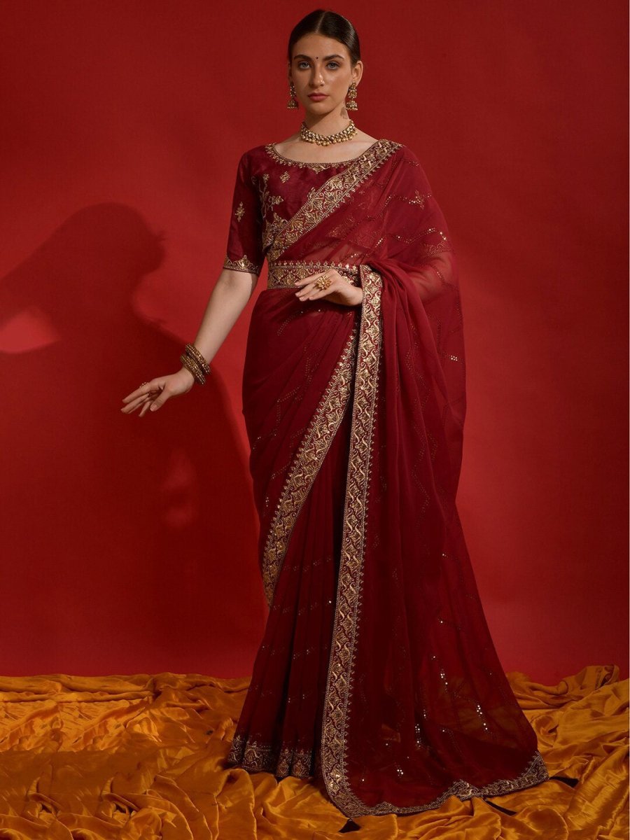 Anouk Maroon & Gold-Toned Embellished Embroidered Pure Georgette Saree - Distacart