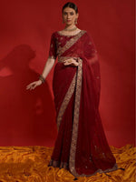Thumbnail for Anouk Maroon & Gold-Toned Embellished Embroidered Pure Georgette Saree - Distacart