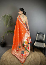 Thumbnail for Joban Fashion Orange Peacock & Floral Motifs Soft Silk Kanchipuram Saree - Distacart