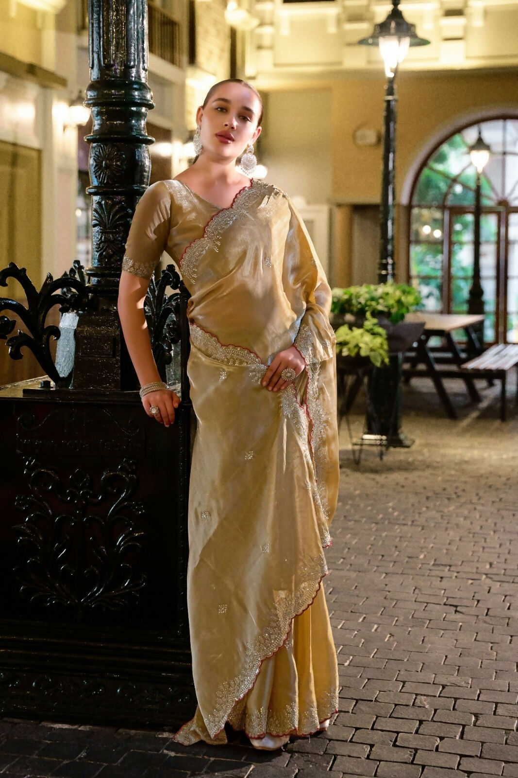 Vastranavya Beige Embroidery Work Shimmer Chiffon Saree with Unstitched Blouse