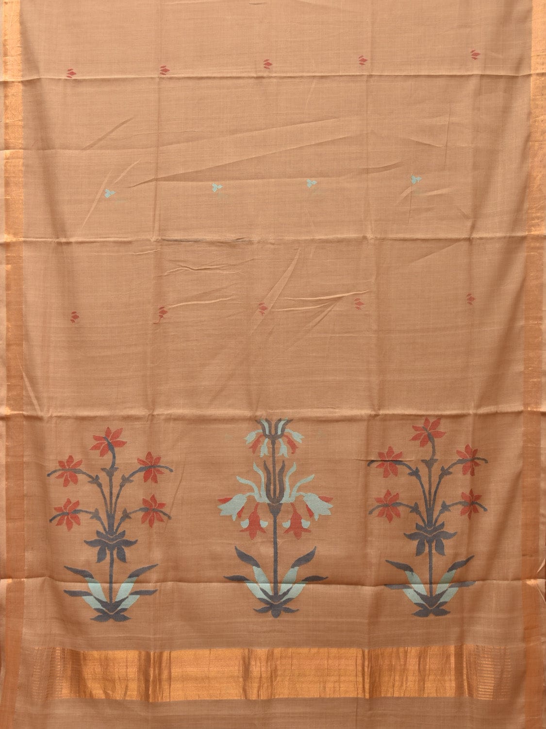 Fawn Khadi Cotton Handloom Saree with Plants Pallu Design - Global Threads - Distacart