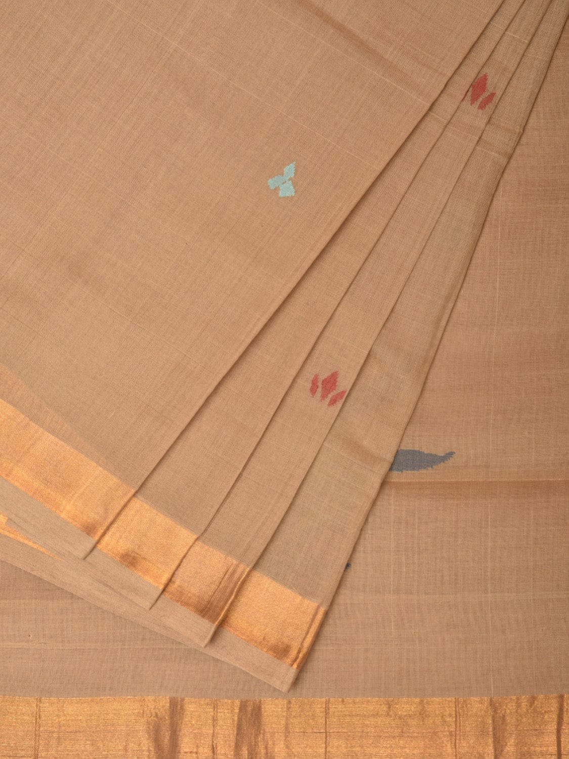 Fawn Khadi Cotton Handloom Saree with Plants Pallu Design - Global Threads - Distacart
