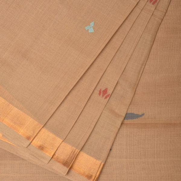 Fawn Khadi Cotton Handloom Saree with Plants Pallu Design - Global Threads - Distacart