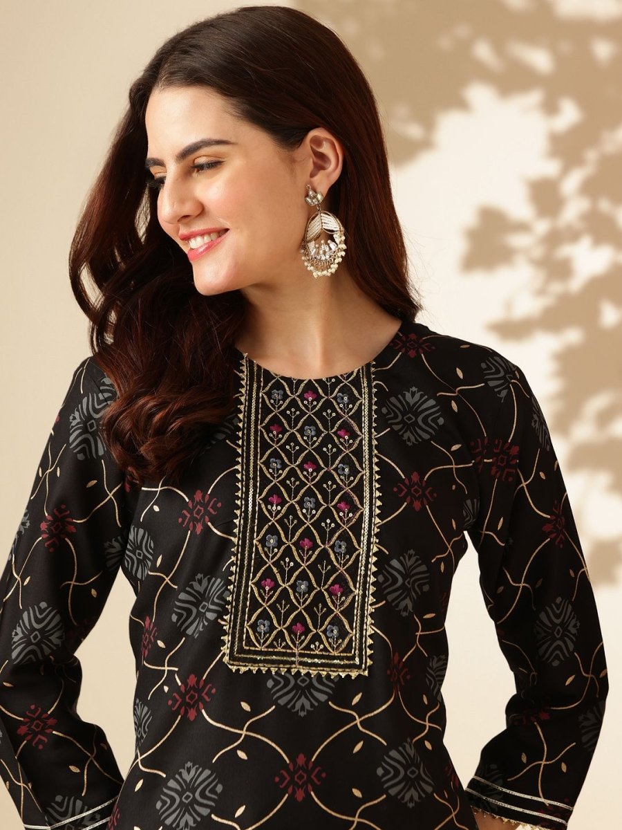 Anouk Black Ethnic Motifs Printed Regular Straight Kurta with Trousers - Distacart
