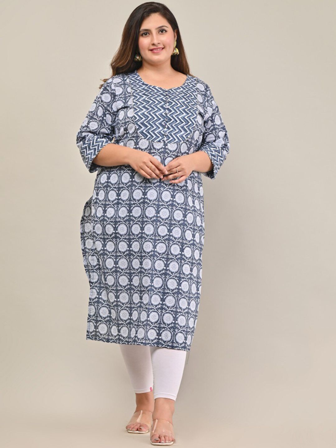Swasti Women Plus Size Navy Blue Floral Printed Cotton Kurta - Distacart