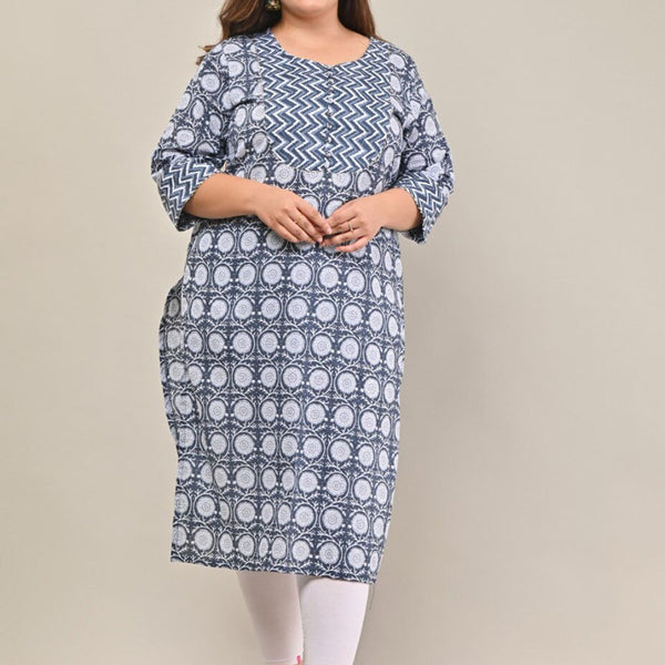 Swasti Women Plus Size Navy Blue Floral Printed Cotton Kurta - Distacart