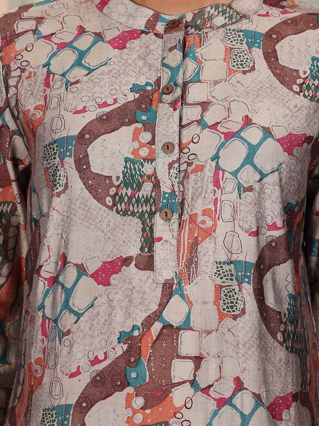 Ode by House of Pataudi Mandarin Collar Printed Regular Chanderi Silk Straight Kurta Set - Distacart