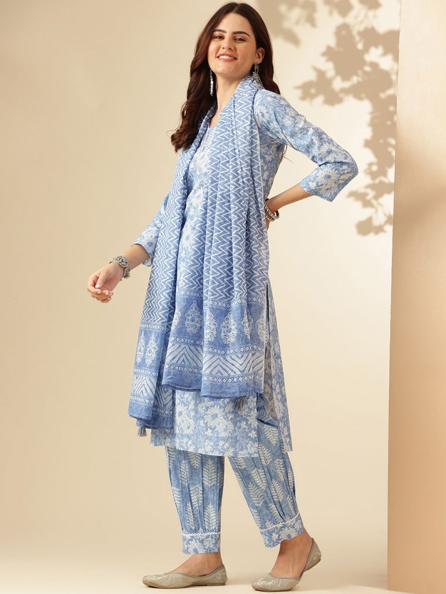 Anouk Blue Floral Printed Regular Thread Work Pure Cotton Kurta With Patiala & Dupatta