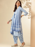 Thumbnail for Anouk Blue Floral Printed Regular Thread Work Pure Cotton Kurta With Patiala & Dupatta