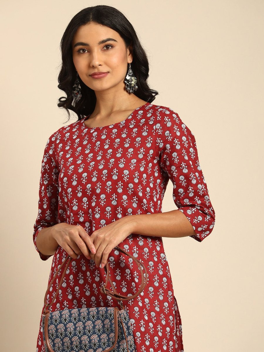 All About You Women Maroon Printed Pure Cotton Kurta with Trousers - Distacart
