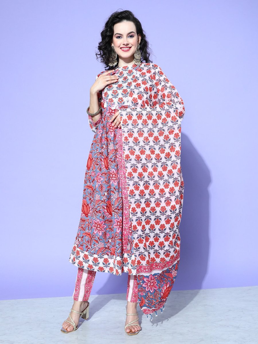 All About You Floral Printed Mirror Work Pure Cotton Kurta With Trousers & Dupatta - Distacart
