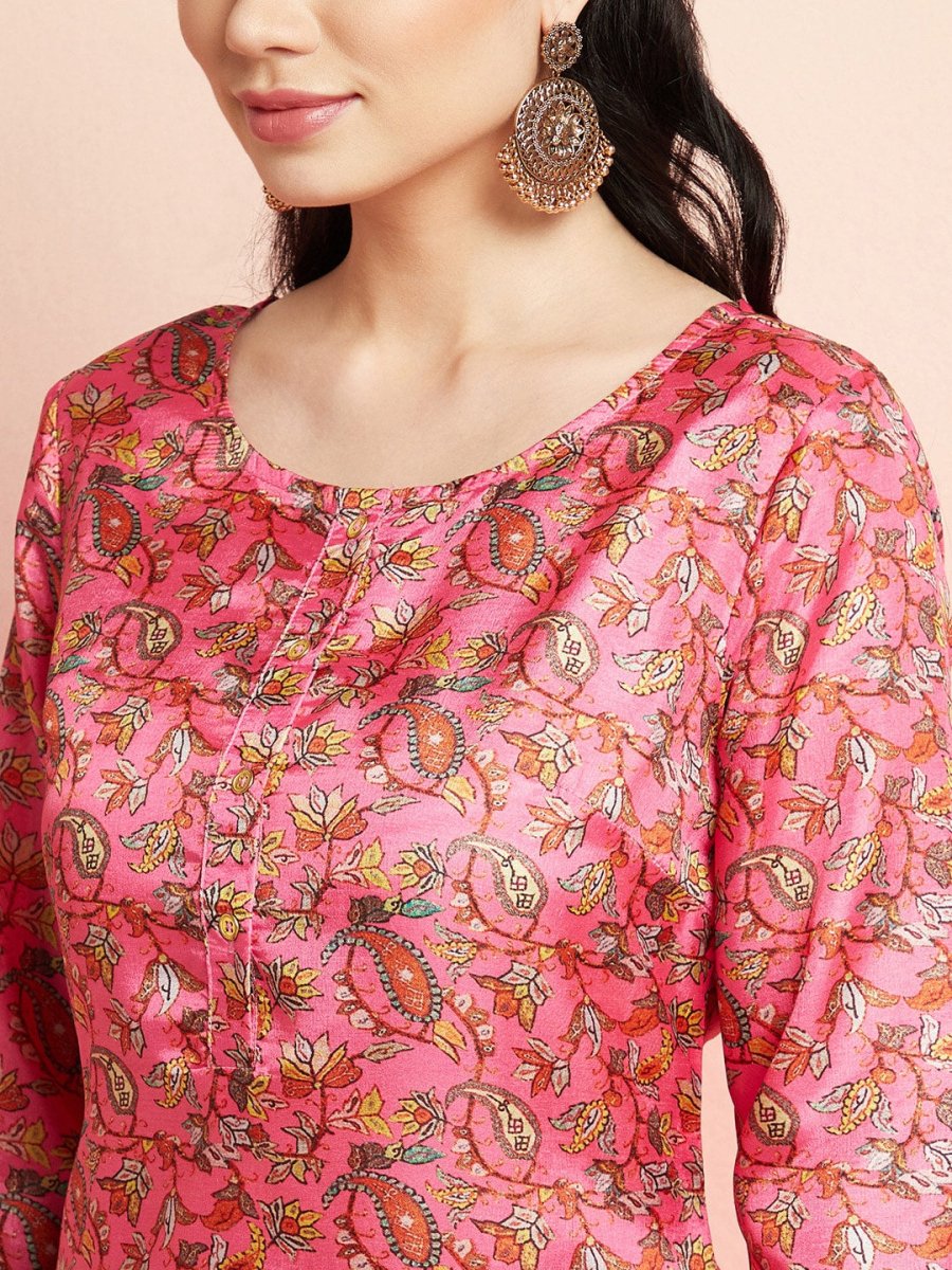 Aks Floral Printed Round Neck Kurta With Trousers - Distacart