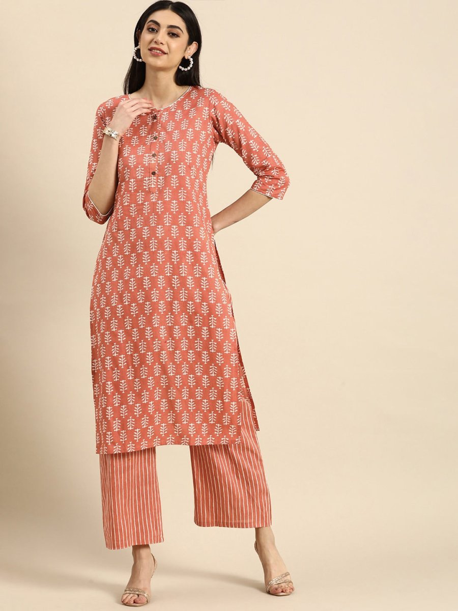 Anouk Ethnic Motifs Printed Pure Cotton Kurta With Palazzos - Distacart