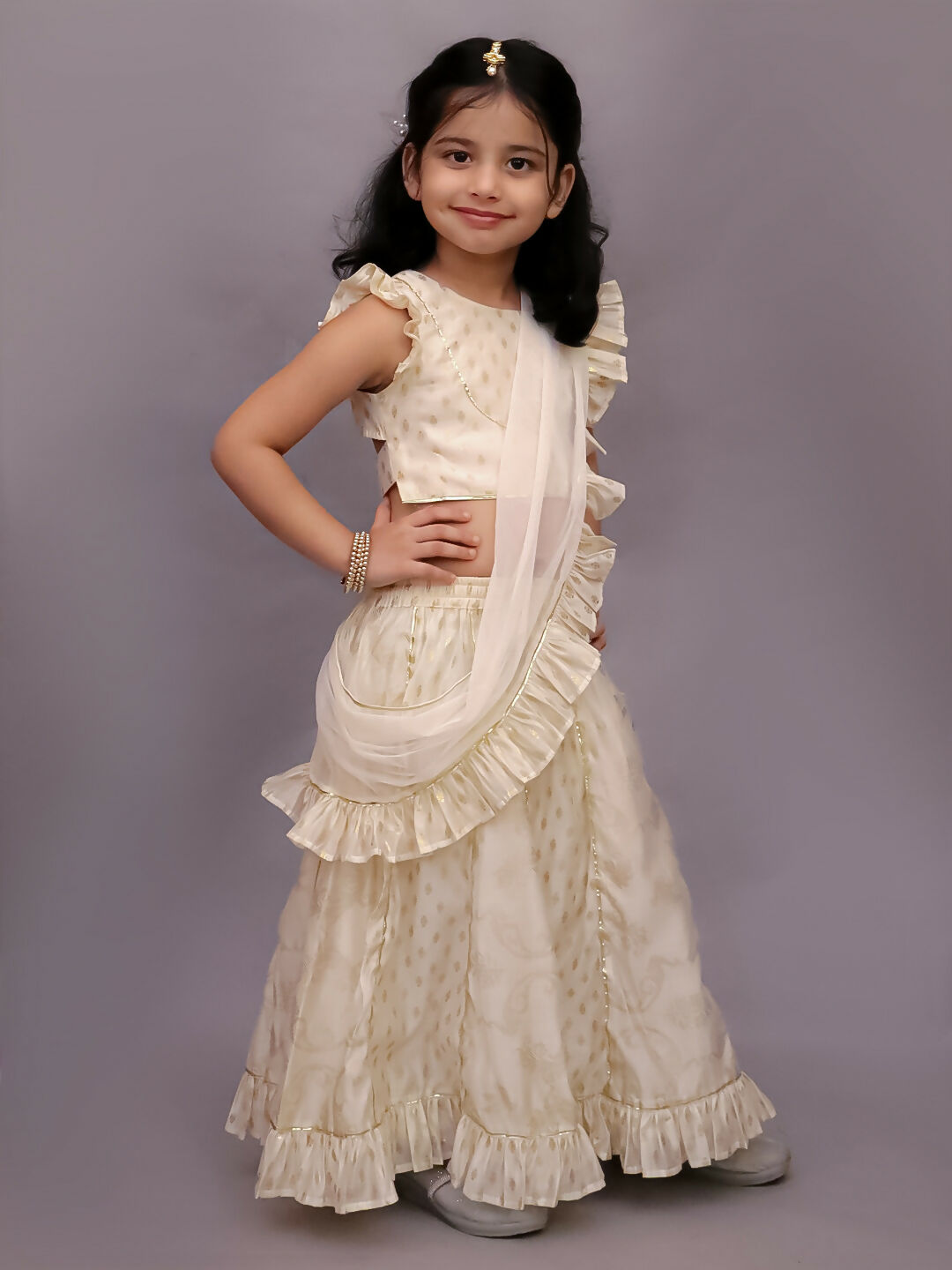 Lil Drama Mishti Off White Lehanga Choli Dupatta Set For Girls