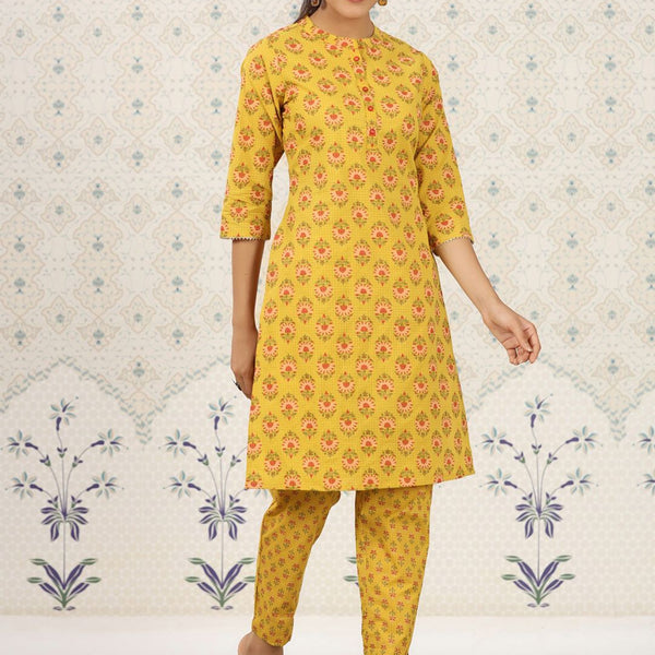 Ode by House of Pataudi Ethnic Motifs Printed Band Collar Pure Cotton Kurta with Trousers - Distacart