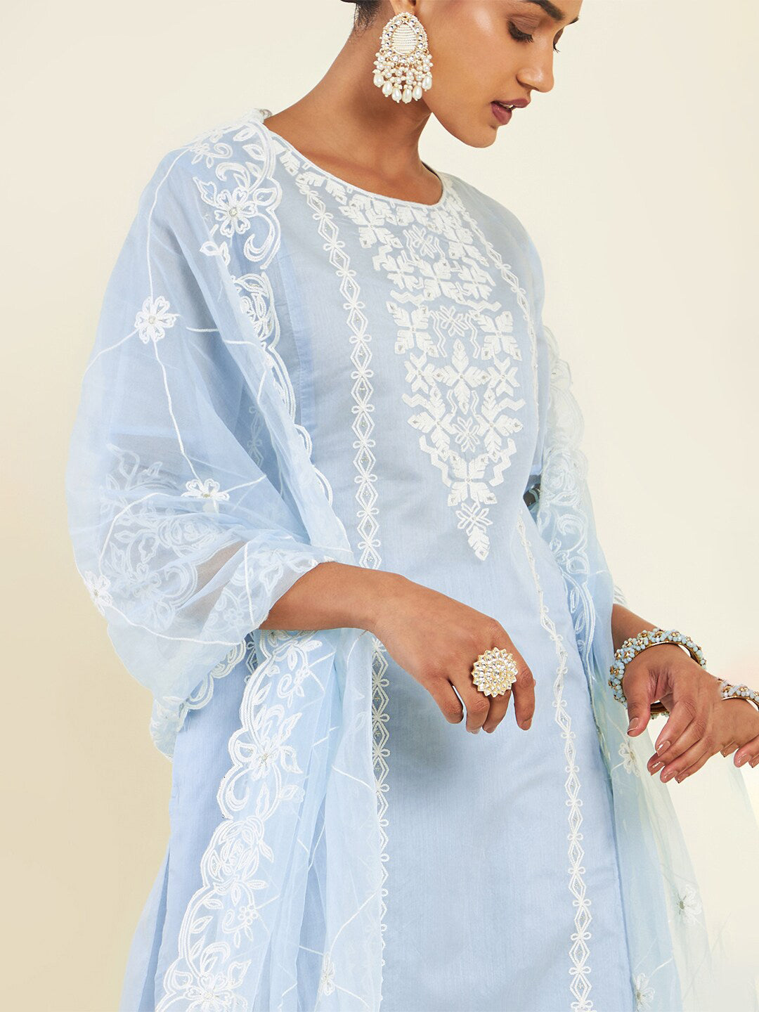 Soch Blue & White Floral Embroidered Chanderi Silk Kurta With Trousers & Dupatta - Distacart