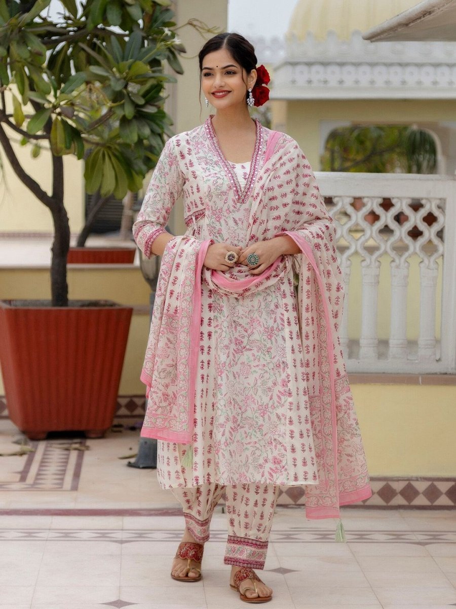 Anouk Floral Yoke Design Pure Cotton A-Line Kurta with Patiala & Dupatta - Distacart