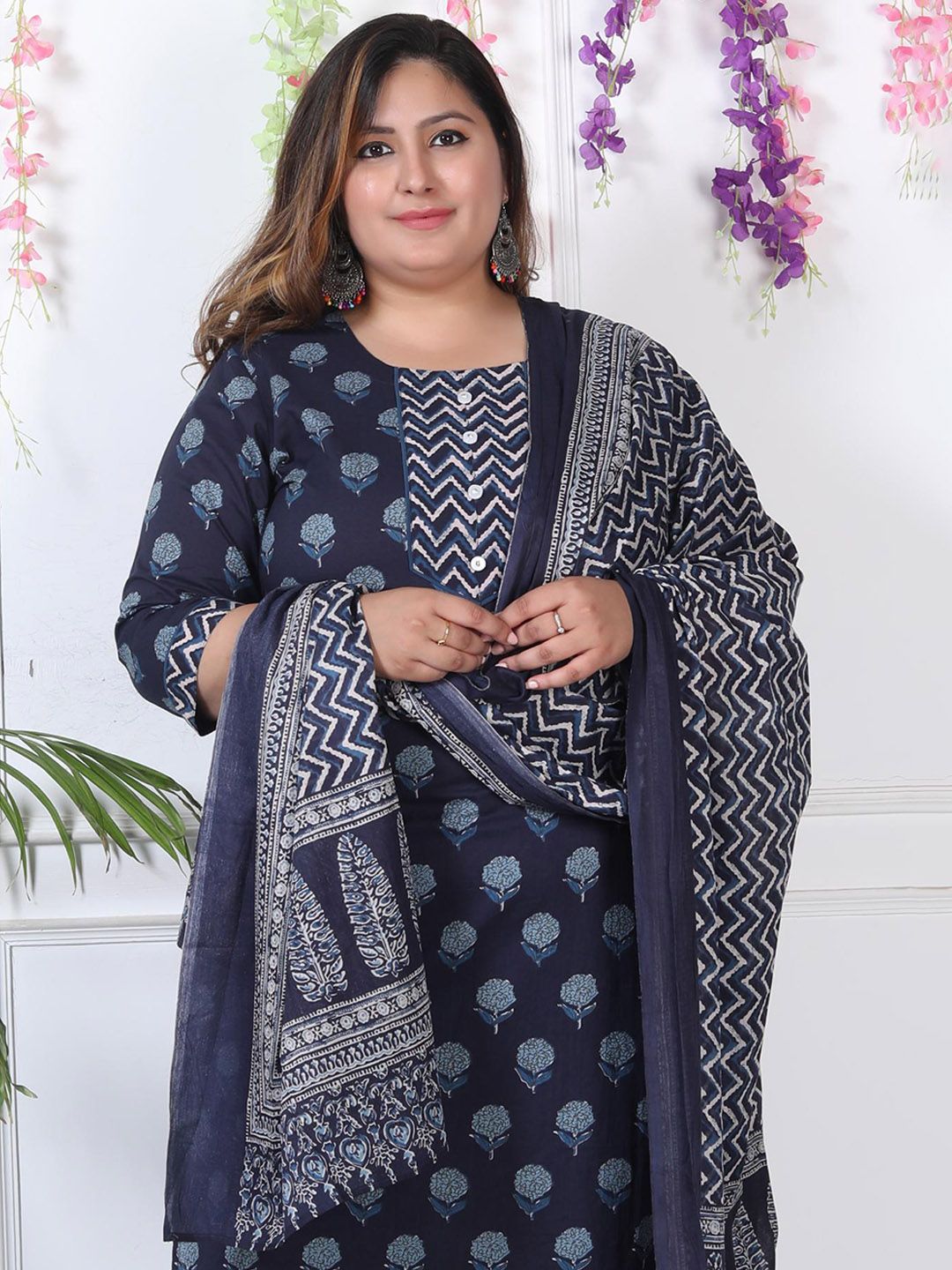 Swasti Plus Size Ethnic Motifs Printed Regular Pure Cotton Kurta with Trousers & Dupatta - Distacart