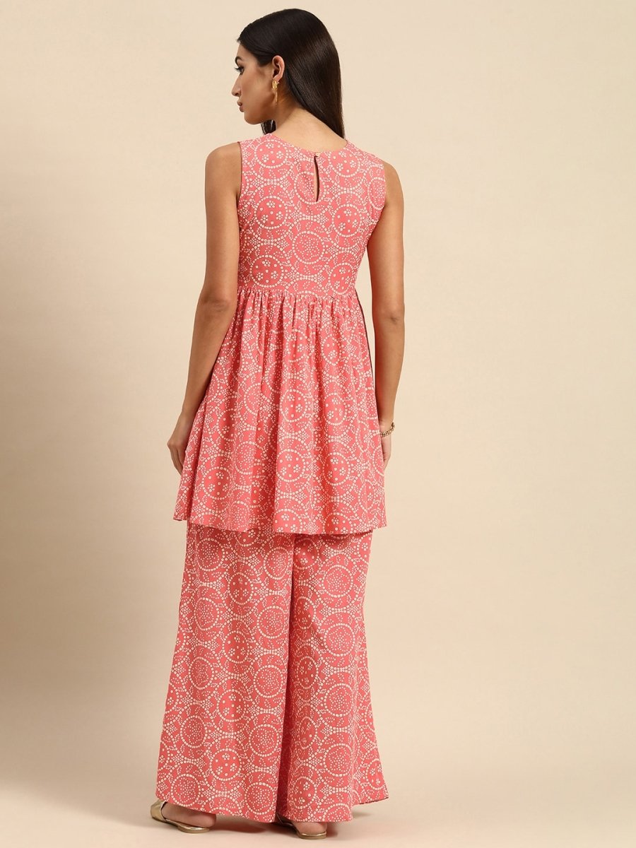 All About You Women Peach Pin & White Bandhani Print Pleated Sequinned Kurti with Palazzos - Distacart
