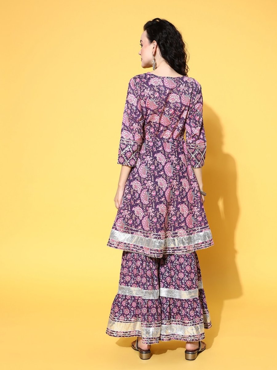 All About You Women Purple Floral Printed Regular Gotta Patti Pure Cotton Kurta with Sharara - Distacart