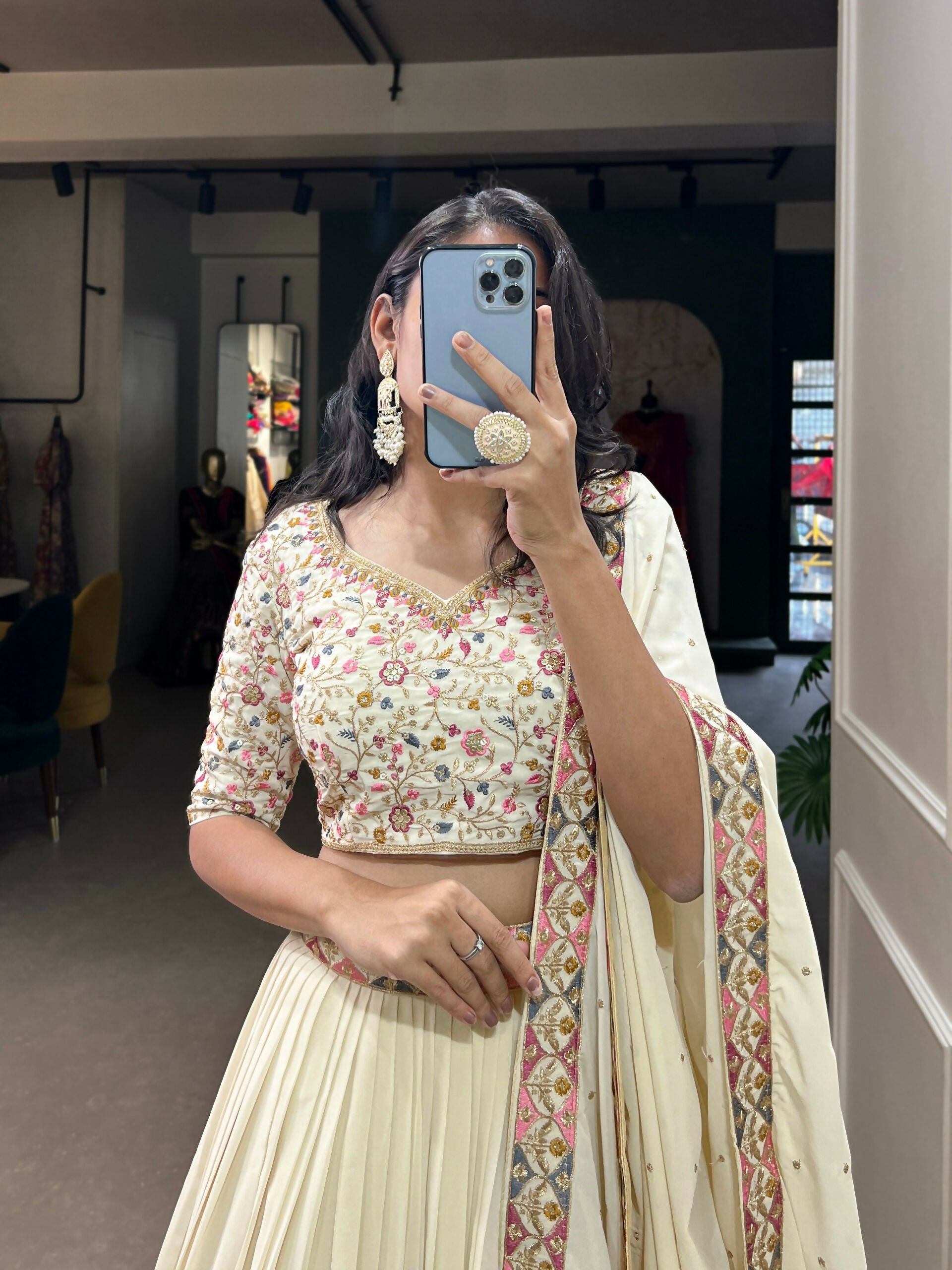 Vastranavya Exquisitely Sequins And Thread Embroidered Georgette Lehenga Choli - Off White - Distacart