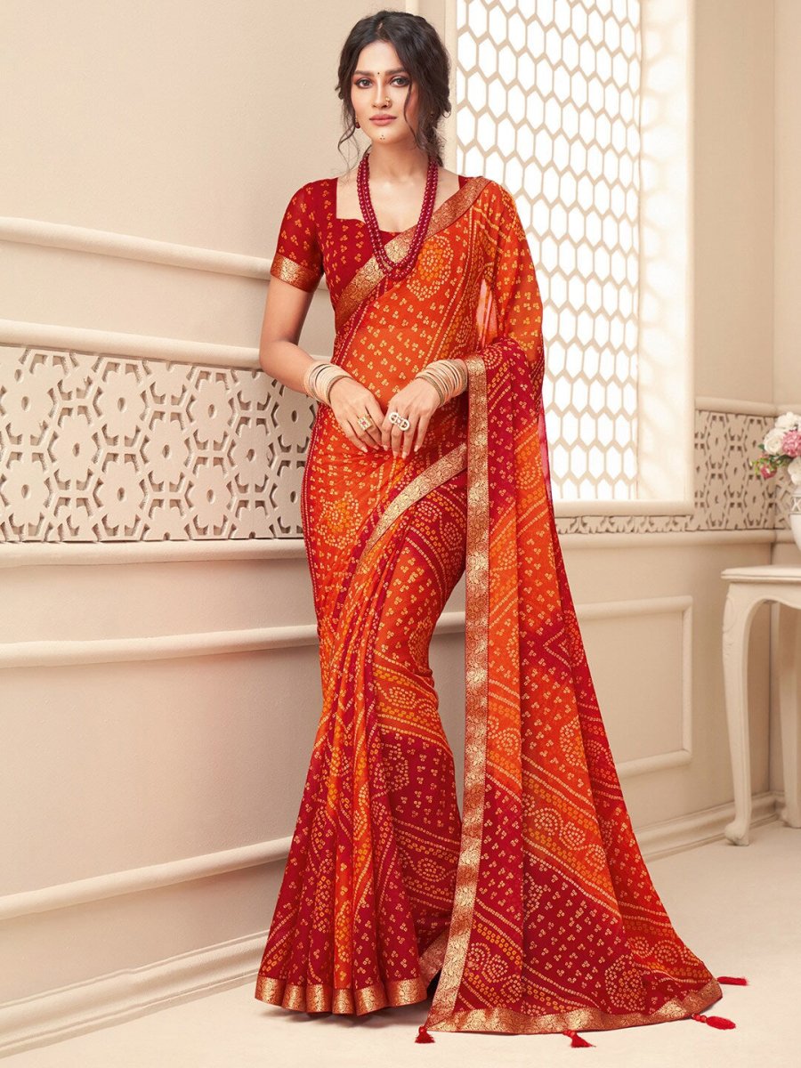 Anouk Orange & Red Printed Zari Pure Chiffon Bandhani Saree - Distacart