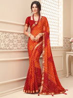 Thumbnail for Anouk Orange & Red Printed Zari Pure Chiffon Bandhani Saree - Distacart