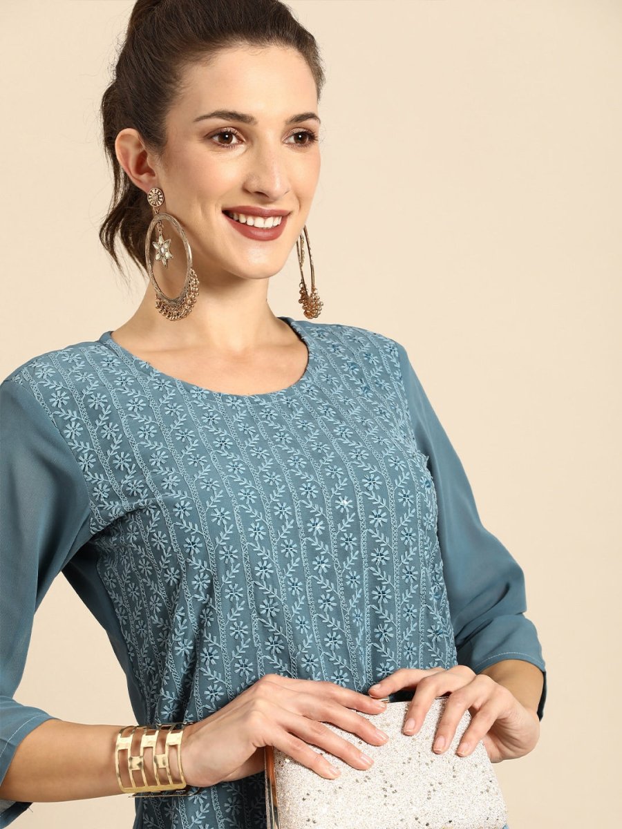 All About You Women Grey Ethnic Motifs Embroidered Regular Chikankari Kurta with Palazzos - Distacart