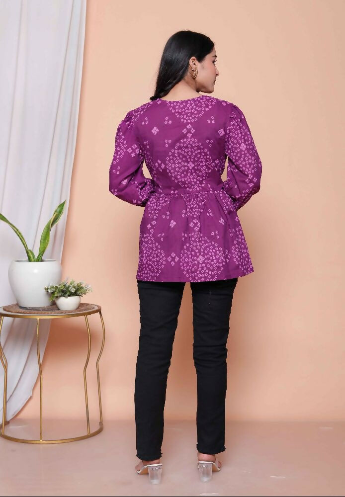 Miravan Womens Purple Bandhani Printed Butterfly Style Top - Distacart