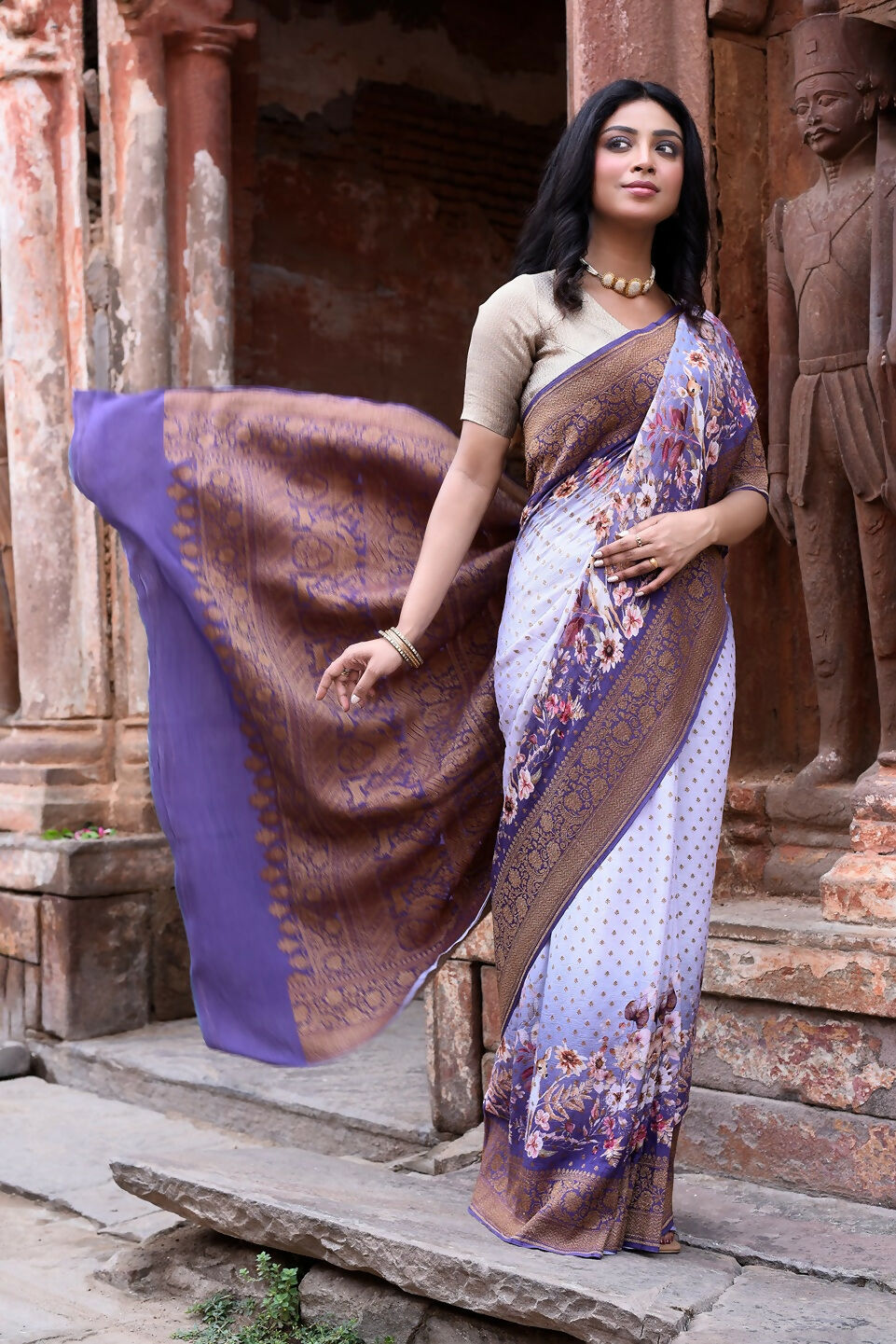 Joban Fashion Shade Of Orchid Crepe Chiffon Pure Handloom Banarasi Silk Saree