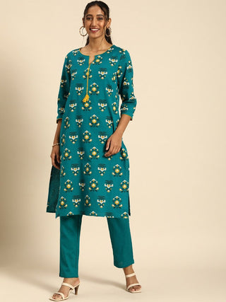 All About You Women Teal Blue Floral Printed Regular Pure Cotton Kurta with Trousers - Distacart