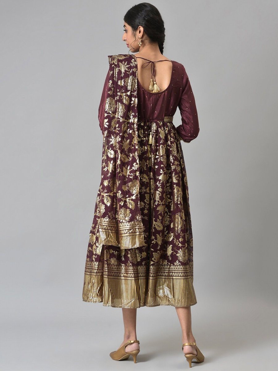 AURELIA Brown Ethnic Motifs A-Line Midi Dress