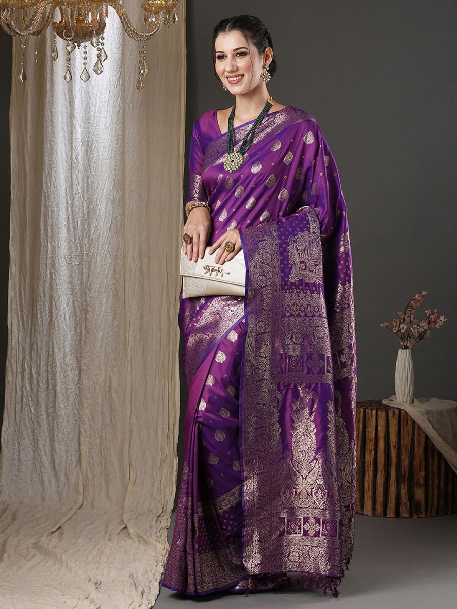 Anouk Purple & Gold-Toned Ethnic Motifs Woven Design Zari Banarasi Saree - Distacart