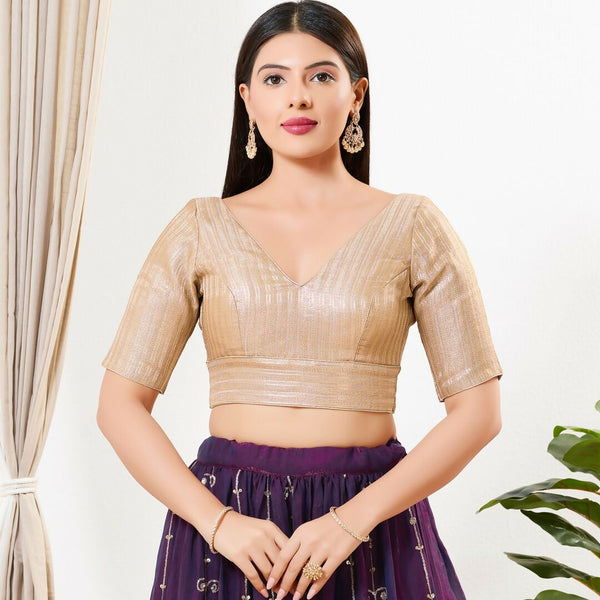 Joban Fashion Antique Gold Brocade Padded Blouse With V Neck Elbow Sleeves - Distacart