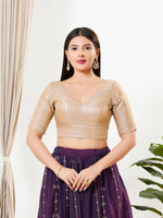 Thumbnail for Joban Fashion Antique Gold Brocade Padded Blouse With V Neck Elbow Sleeves - Distacart