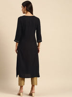 Thumbnail for All About You Women Black Floral Yoke Design Embroidered Thread Work Straight Kurta - Distacart